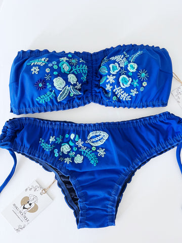 Blue Bouquet Strapless Floral Beaded Colombian Bikini Set
